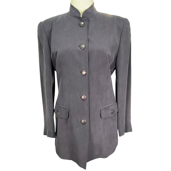 Vintage DANA BUCHMAN Petites Size 8P 100% Silk Navy Blue Fill Button Down Blazer - Picture 1 of 11